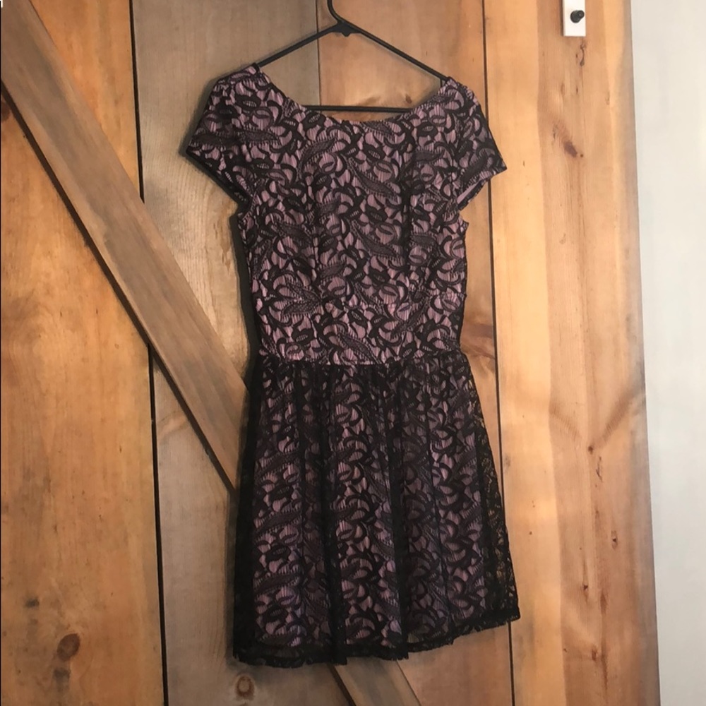 Lilac dress with black lace overlay